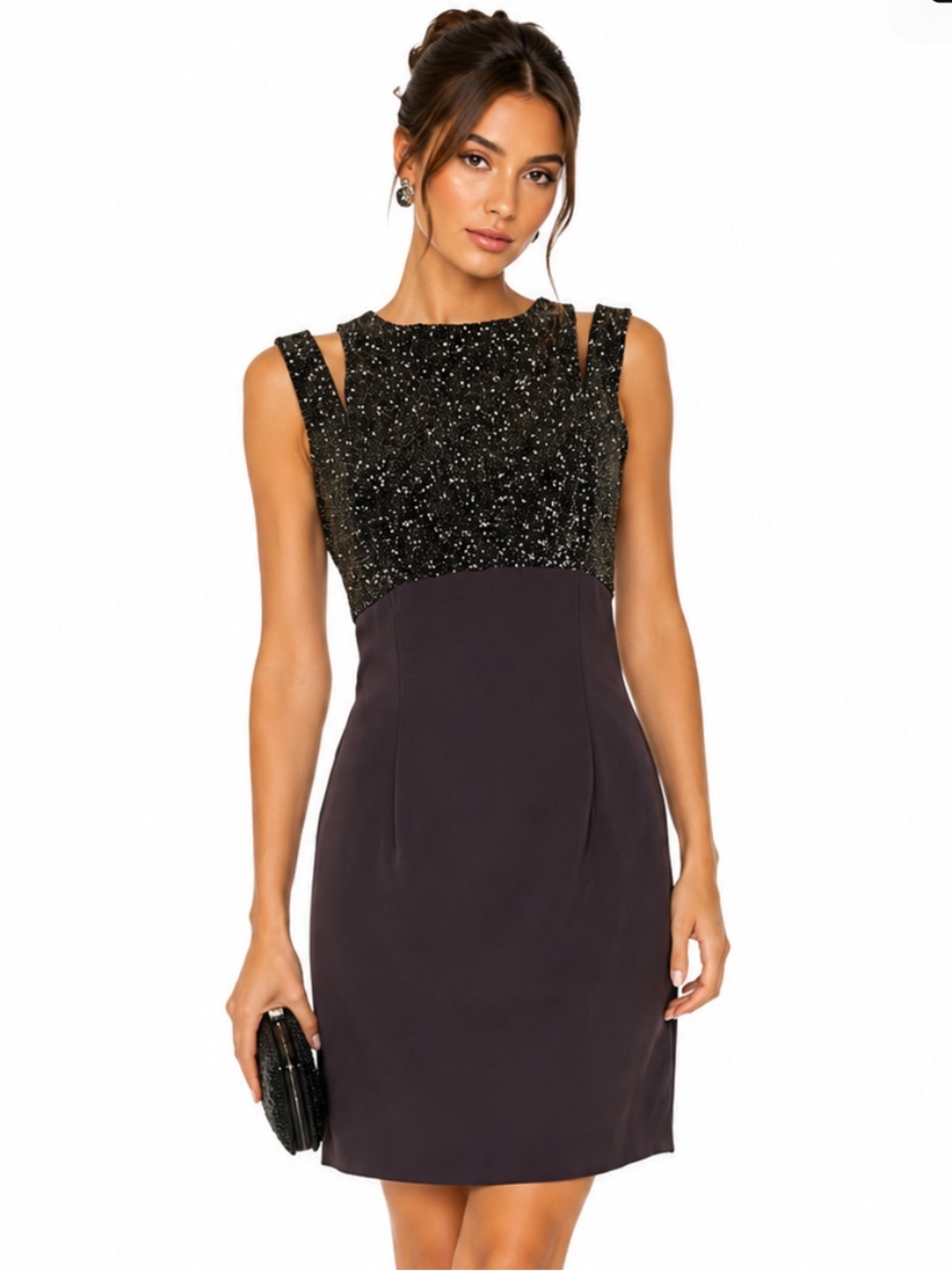 VINTAGE 90's OLEG CASINI  Brown Beaded Accent Mini Dress